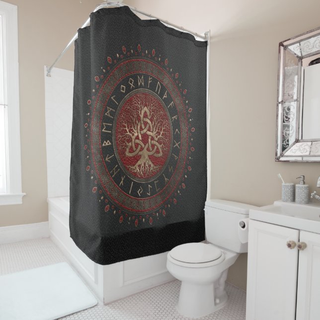 Tree of life with Triquetra Black Red Leather Shower Curtain (In Situ)