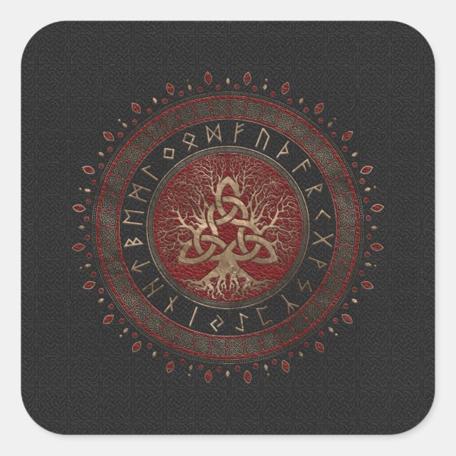 Tree of life with Triquetra Black Red Leather Square Sticker (Front)