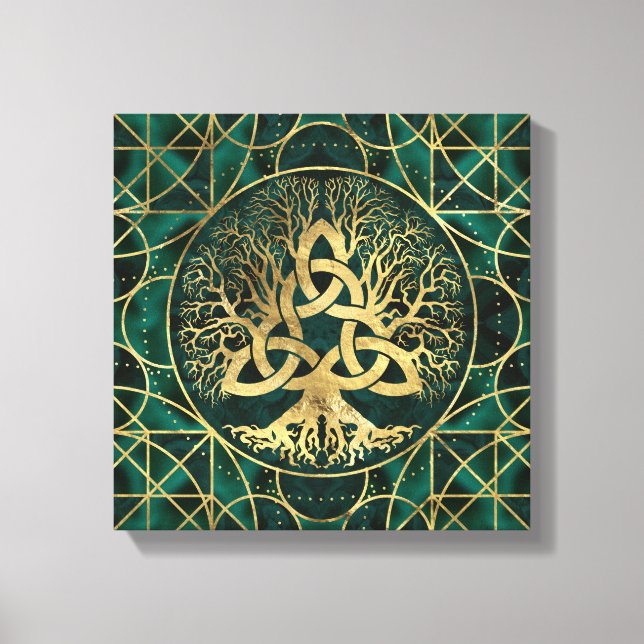 Tree of life with Triquetra Malachite and Gold Canvas Print (Front)