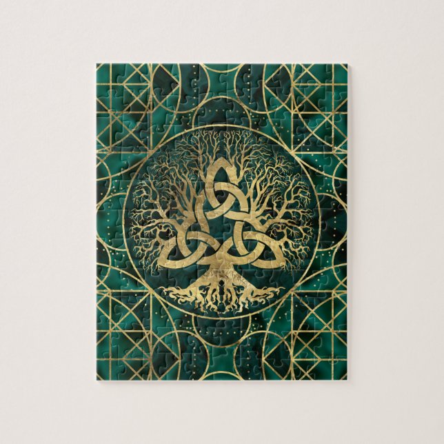 Tree of life with Triquetra Malachite and Gold Jigsaw Puzzle (Vertical)