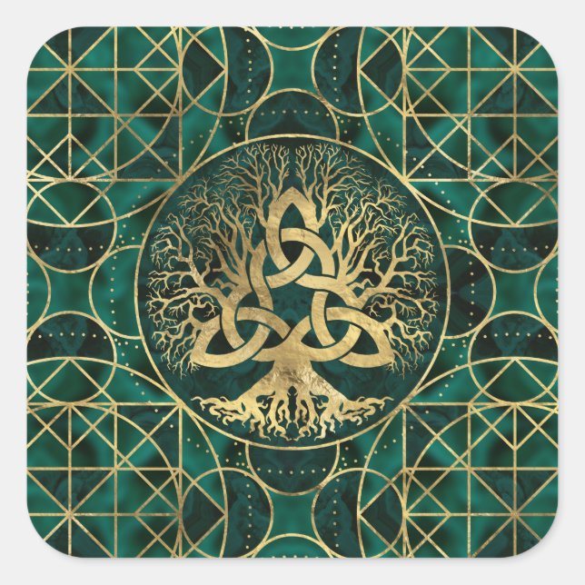 Tree of life with Triquetra Malachite and Gold Square Sticker (Front)