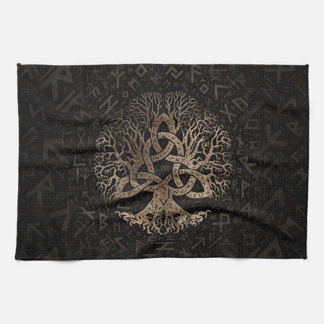 Tree of life with Triquetra on Futhark pattern Tea Towel (Horizontal)