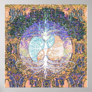 Tree of life with ying yang and heart symbol poster
