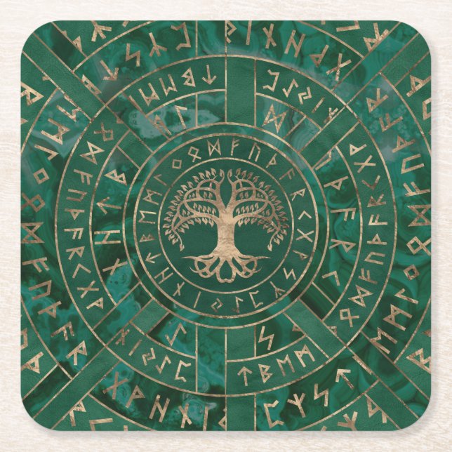 Tree of life -Yggdrasil and Futhark - Malachite Square Paper Coaster (Front)