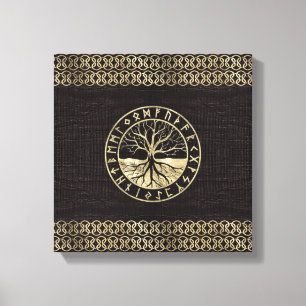 Tree of life  -Yggdrasil and  Runes on wood Canvas Print