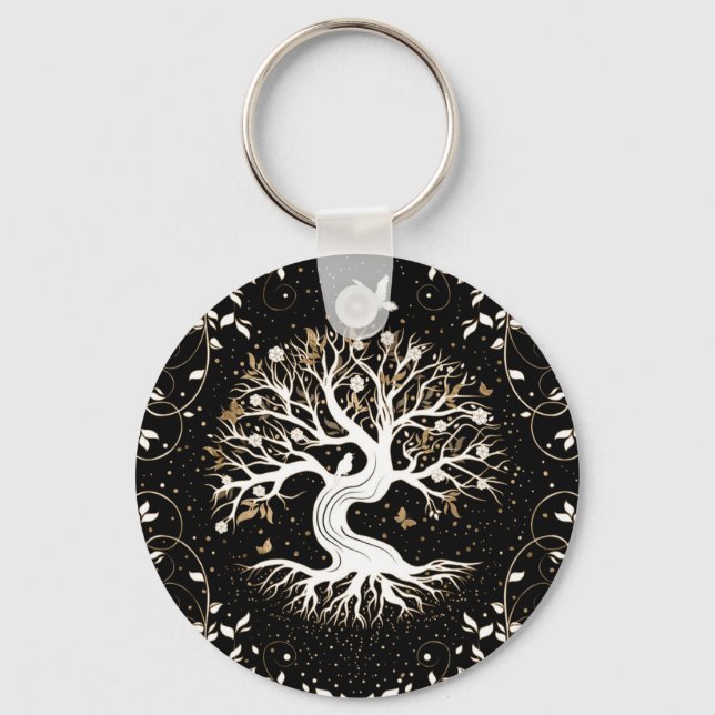 Tree of Life - Yggdrasil - black white and gold Key Ring (Front)
