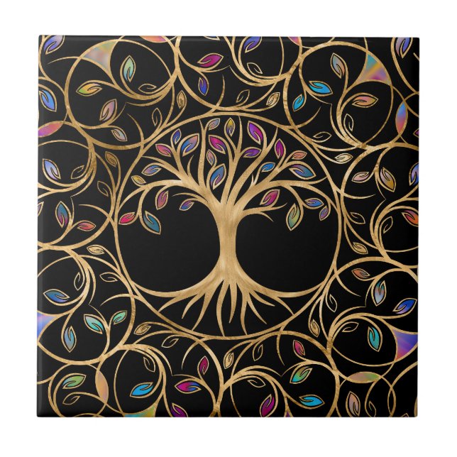 Tree of life - Yggdrasil - colourful leaves Tile (Front)