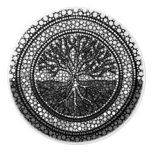 Tree of life - Yggdrasil- Dot Art Grayscale Ceramic Knob