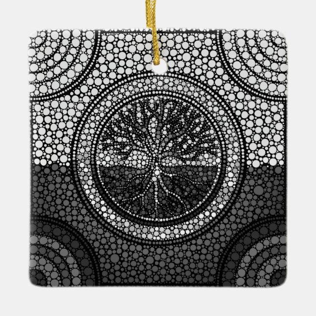 Tree of life - Yggdrasil- Dot Art Grayscale Ceramic Ornament (Front)