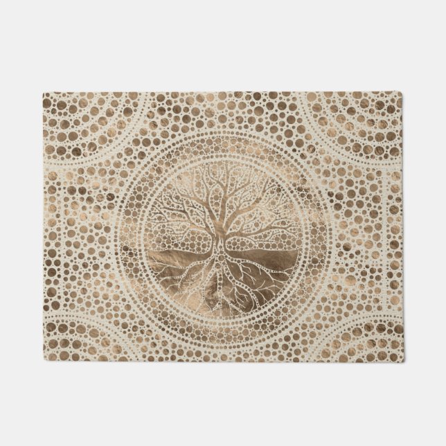 Tree of life - Yggdrasil- Dot Art Pastel Gold Doormat (Front)