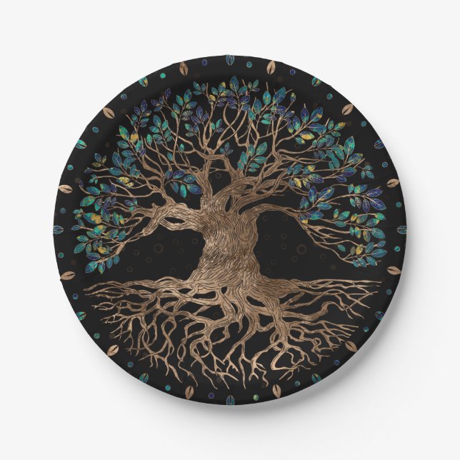 Tree of life -Yggdrasil Golden and Marble ornament Paper Plate (Front)