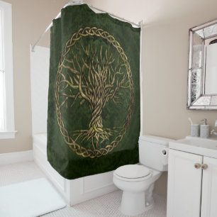 Tree of life -Yggdrasil -green and gold Shower Curtain