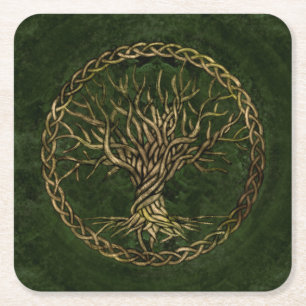 Tree of life -Yggdrasil -green and gold Square Paper Coaster