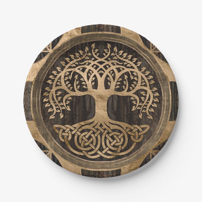 Tree of life -Yggdrasil - Wood Bark and Gold Paper Plate (Front)