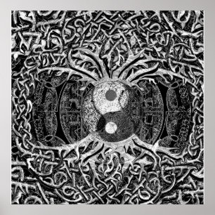 Tree of Life Yin Yang in Black and White Poster