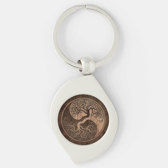 Tree of Life Yin Yang with Wood Grain Effect Key Ring (Front)