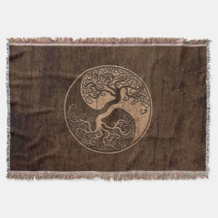 Tree of Life Yin Yang with Wood Grain Effect Throw Blanket