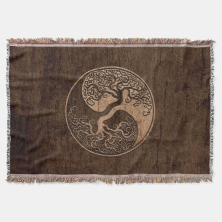 Tree of Life Yin Yang with Wood Grain Effect Throw Blanket