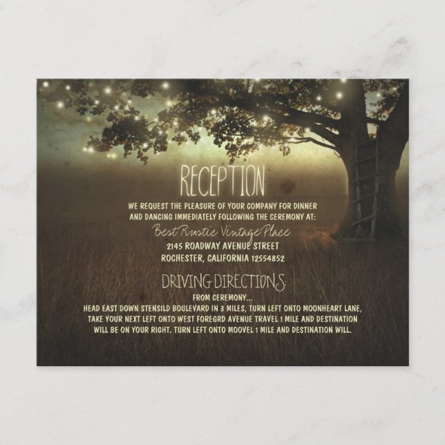 tree of lights rustic wedding reception enclosure card (Front)