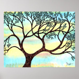 Tree on Vellum with Watercolor Background Poster