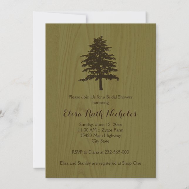 Tree on wood green woodland wedding bridal shower invitation (Front)