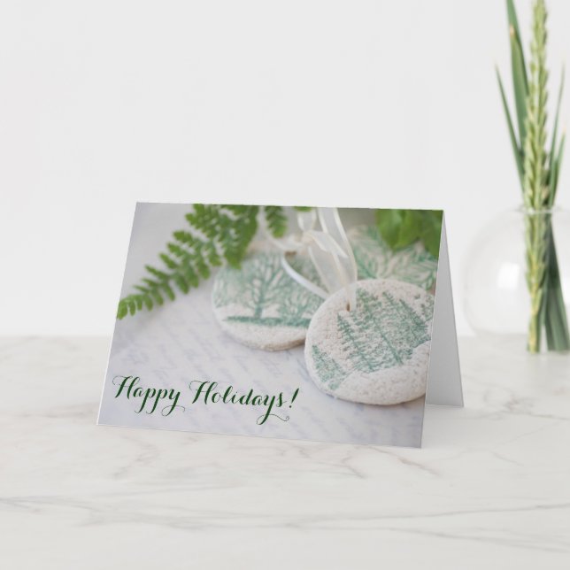 Tree ornaments on old handwriting holiday card (Front)