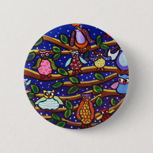 Tree Owls Party Fun Folk Art 6 Cm Round Badge