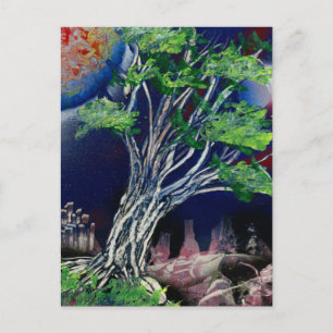 Tree Painting with blue city and orange sun Postcard
