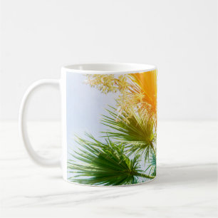 Tree palm bright sun summer background. tropical p coffee mug