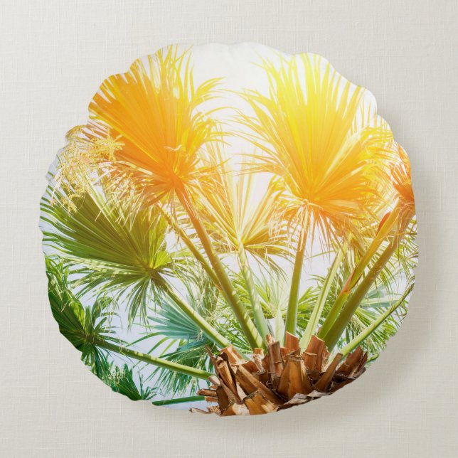 Tree palm bright sun summer background. tropical p round cushion (Front)