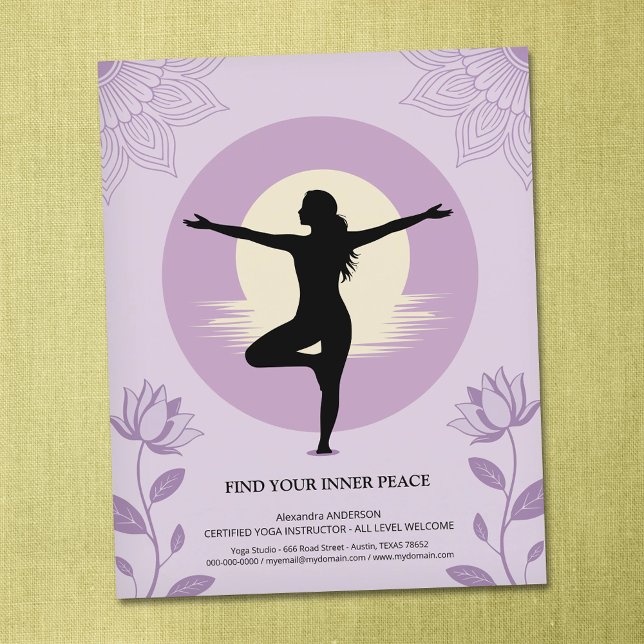 Tree Pose - Yoga Instructor with Lotus Flowers Flyer (tree_pose_yoga_instructor_with_lotus_flowers_flyer)