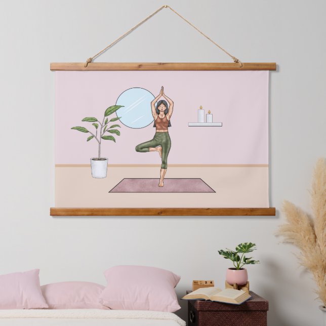 Tree Pose Yoga Stretch Exercising Workout Woman Hanging Tapestry (Bedroom)