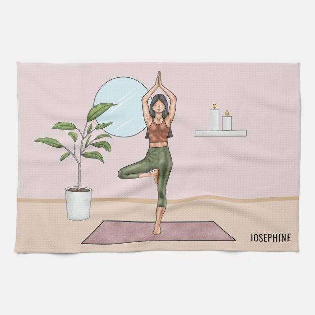 Tree Pose Yoga Vrikshasana Woman Personalised Name Tea Towel (Horizontal)
