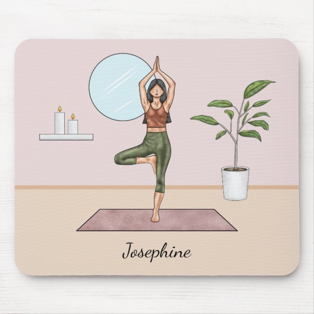 Tree Pose Yoga Vrikshasana Woman With Custom Name Mouse Mat (Front)