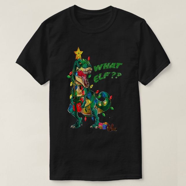 Tree Re Funny Dinosaur Christmas Missing Elf  T-Shirt (Design Front)