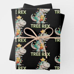 Tree Rex Christmas Dinosaur T Rex Xmas Lights Wrapping Paper Sheet