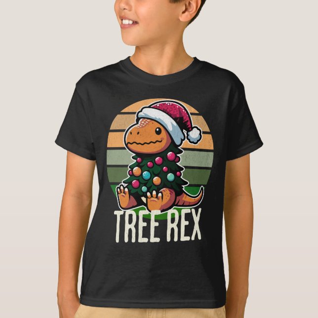 Tree Rex – Cute Cartoon Dinosaur in Festive Christ T-Shirt (Front)