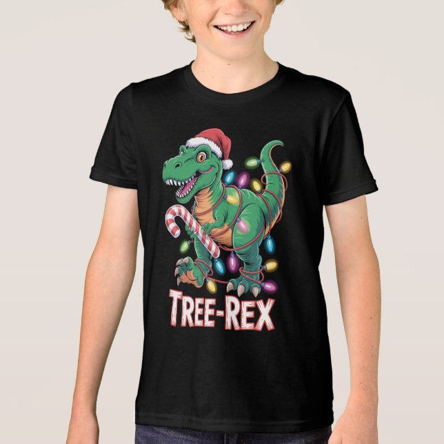 Tree-Rex Dinosaur - T-Rex with String Lights Tri-Blend Shirt (Front)