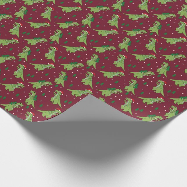 Tree Rex Novelty Dinosaur Christmas burgundy Wrapping Paper (Corner)