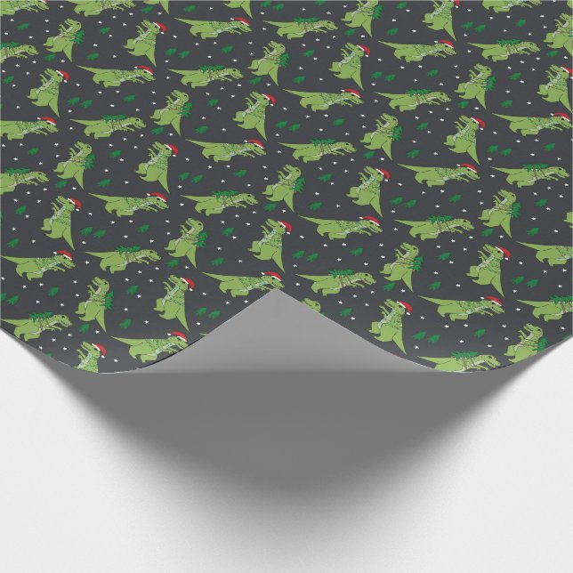 Tree Rex Novelty Dinosaur Christmas charcoal Wrapping Paper (Corner)