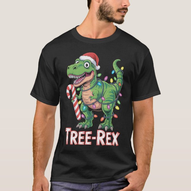 Tree-Rex – T-Rex with Candy Cane & Lights T-Shirt (Front)