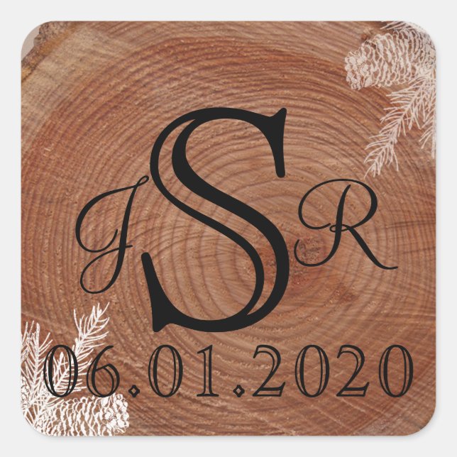 Tree Rings Rustic Country Wedding Monogram Square Sticker (Front)