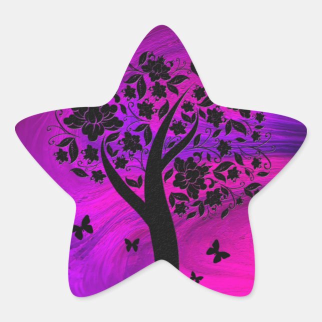 Tree Silhouette and Butterflies Abstract Art Star Sticker (Front)