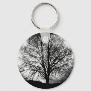Tree Silhouette in Front of a Full Moon Key Ring