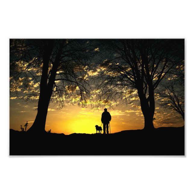 Tree Silhouette of Man and Dog at Sunset Photo Print (Front)