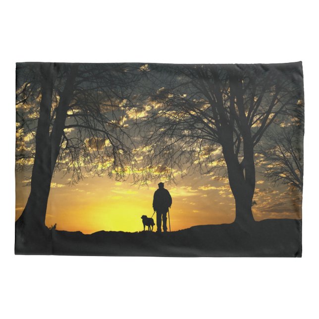 Tree Silhouette of Man and Dog at Sunset Pillowcase (Back)