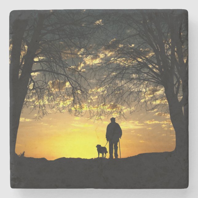 Tree Silhouette of Man and Dog at Sunset Stone Coaster (Front)