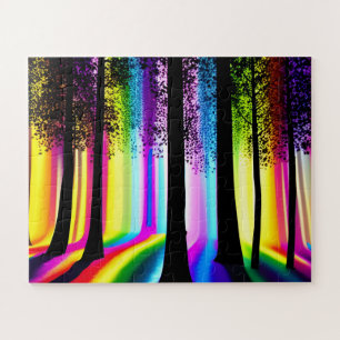 Tree Silhouettes in Rainbow Enchanted Forest Jigsaw Puzzle