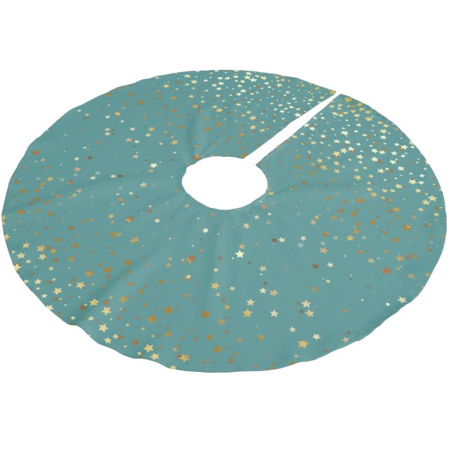 Tree Skirt-Gold Stars Teal Brushed Polyester Tree Skirt (Angled)