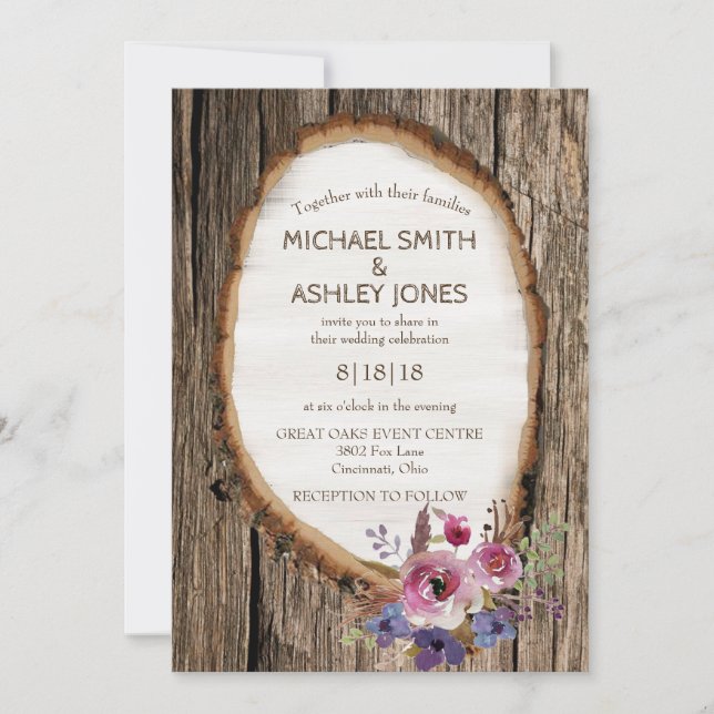 Tree Slice Stump with Flowers Wedding Invitation (Front)